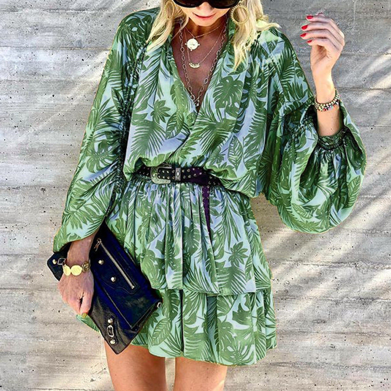 Women's V-Neck Wrap Dress - Belted Waist - Long Sleeve Flowy Boho Style