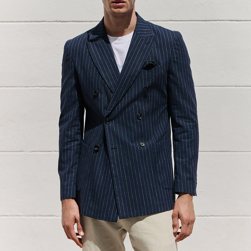 Men’s Blazer – Tailored Fit – Wool Blend – Double-Breasted – Pinstripe – Peak Lapel