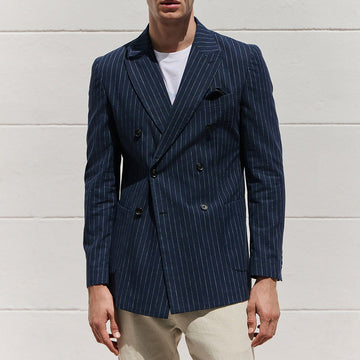 Men’s Blazer – Tailored Fit – Wool Blend – Double-Breasted – Pinstripe – Peak Lapel