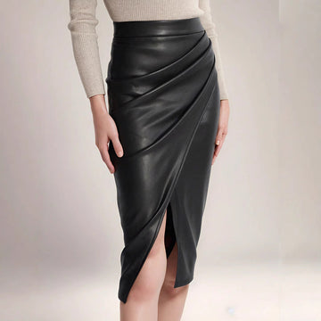 Women’s Pencil Skirt – Faux Leather – High Waist – Draped Front – Midi Length Slit