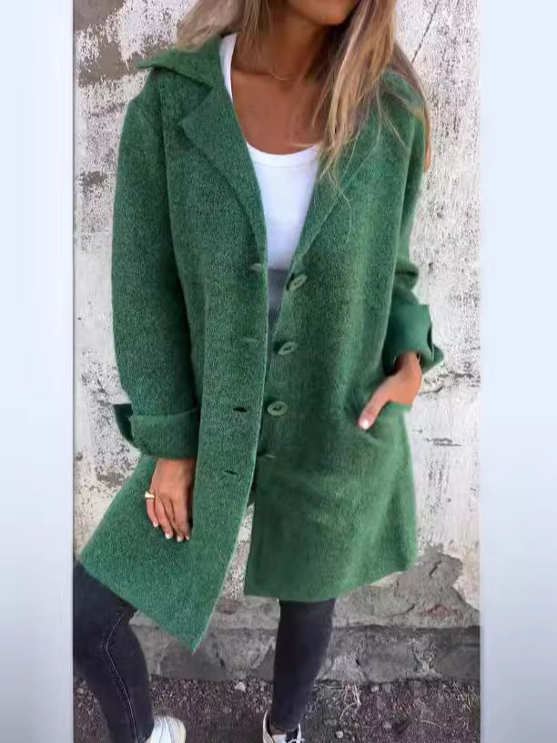 Women’s Mid-Length Coat – Relaxed Fit – Wool Feel – Lapel Collar – Single-Breasted