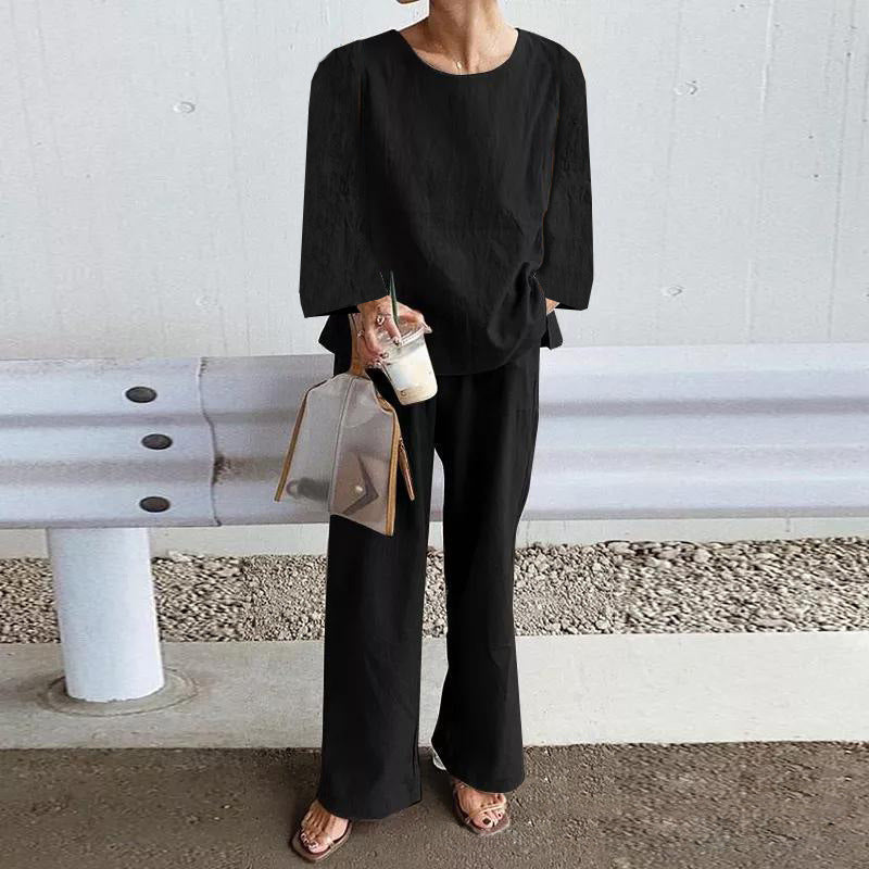 Women’s Two-Piece Set – Linen – Relaxed Fit – Long Sleeve Top – Wide Leg Pants