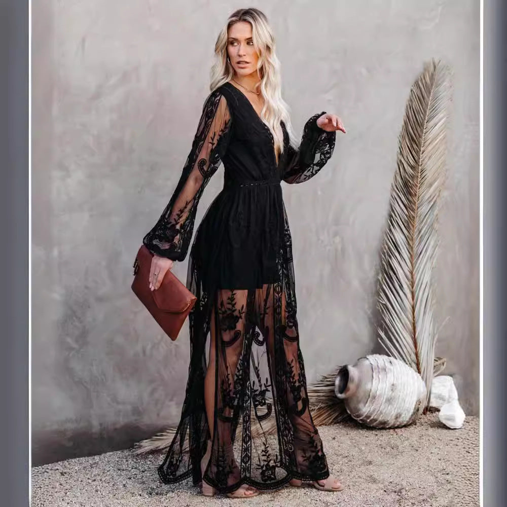 Women’s Long Dress – Lace Chiffon – V-Neck – Sheer Sleeves – High Slit – Formal Fit