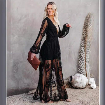 Women’s Long Dress – Lace Chiffon – V-Neck – Sheer Sleeves – High Slit – Formal Fit