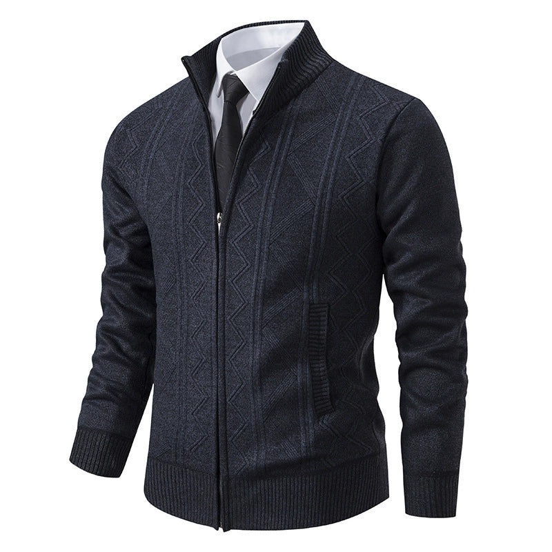 Men’s Cardigan Jacket – Wool Knit – Tailored Fit – Stand Collar – Zip Closure – Geometric Pattern