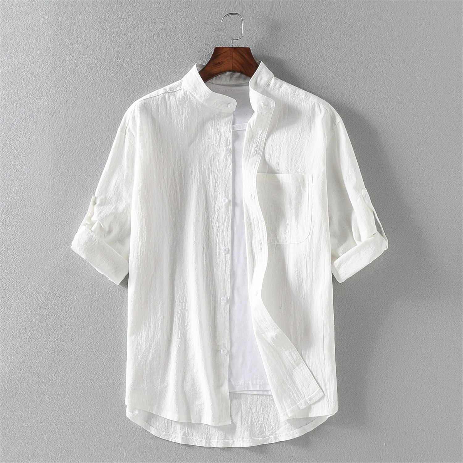 Men’s Short Sleeve Shirt – Linen Blend – Relaxed Fit – Mandarin Collar – Casual Style
