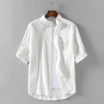 Men’s Short Sleeve Shirt – Linen Blend – Relaxed Fit – Mandarin Collar – Casual Style