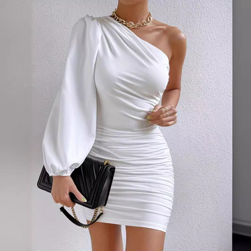 Women's One-Shoulder Mini Dress - Ruched Bodycon - Long Sleeve Elegant Evening Wear