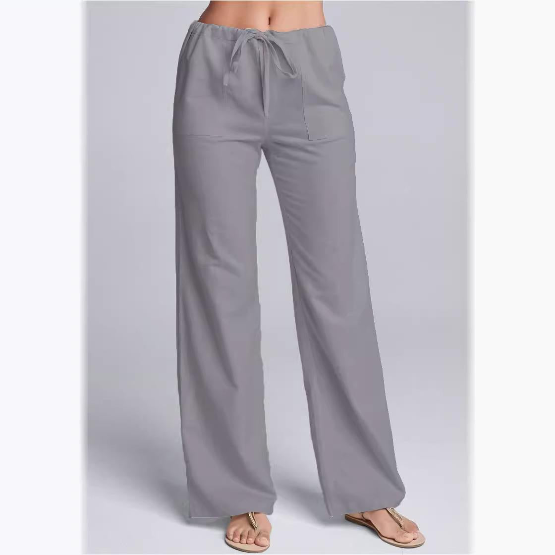 Women’s Casual Pants – Cotton Linen Blend – Loose Fit – Drawstring Waist – Full Length