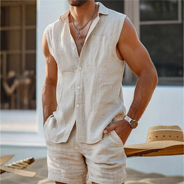 Men’s Sleeveless Shirt – Cotton Linen Blend – Relaxed Fit – Button-Up Casual Style