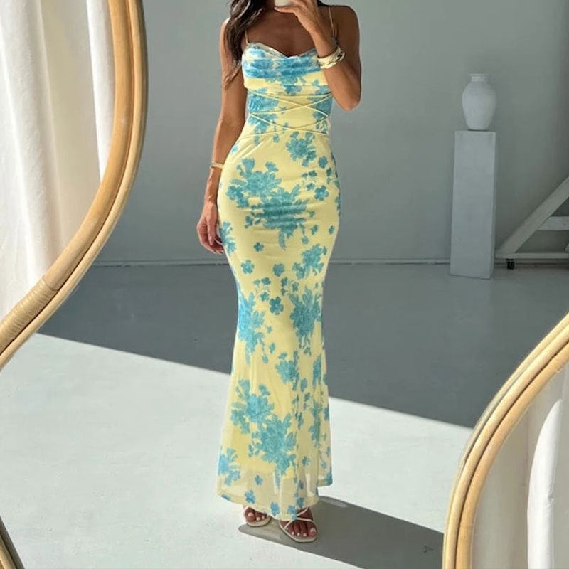 Women's Maxi Dress - Bodycon Fit - Spaghetti Straps - Sweetheart Neckline - Crisscross Waist