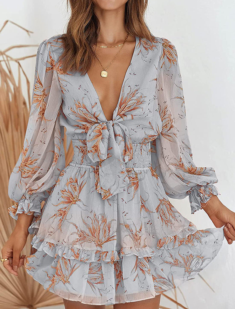 Women's Floral V-Neck Tie Dress - Long Sleeves - Layered Hem