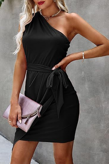 Abigail - oblique shoulder sleeveless belted mini dress