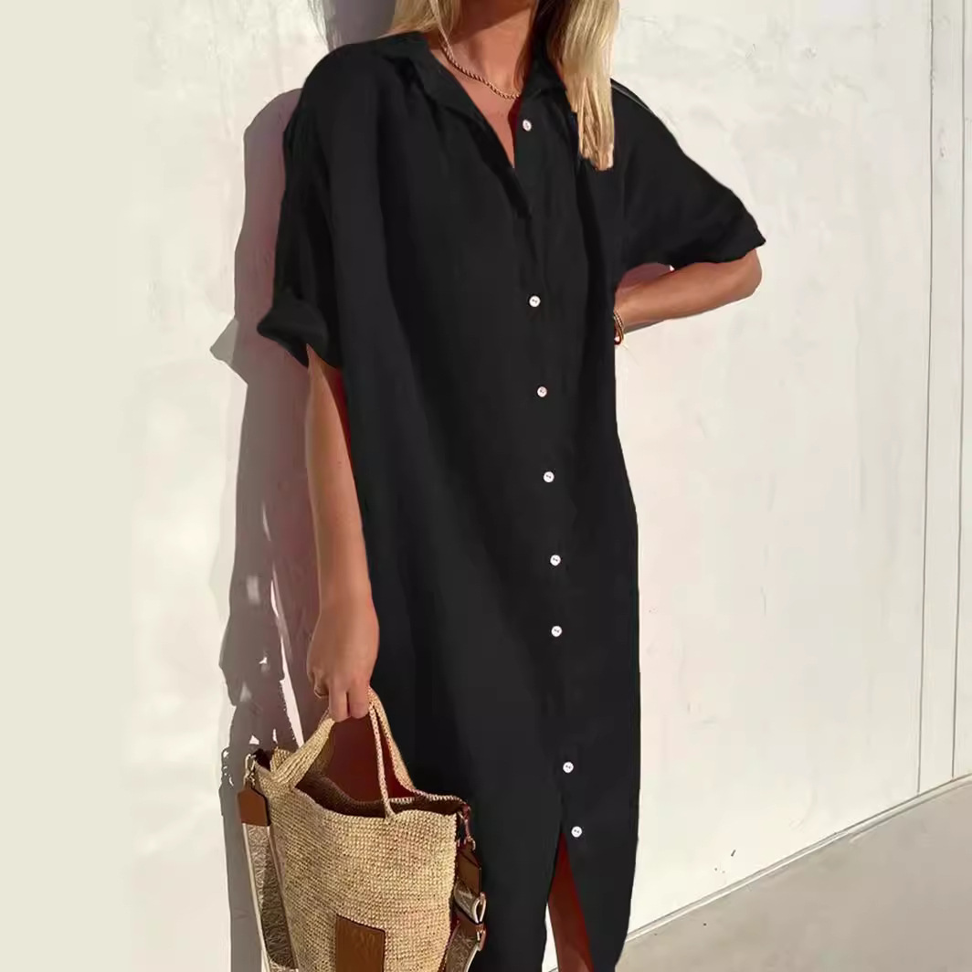 Women's Button-Up Shirt Dress - Knee Length - Short Sleeve - Relaxed Fit