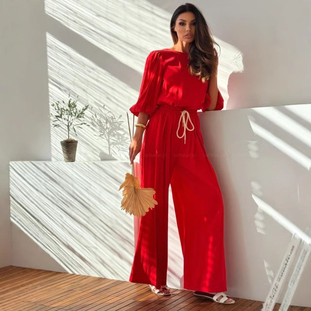 Women’s Two-Piece Set – Loose Fit T-Shirt with Back Bow – Wide-Leg Elastic Pants