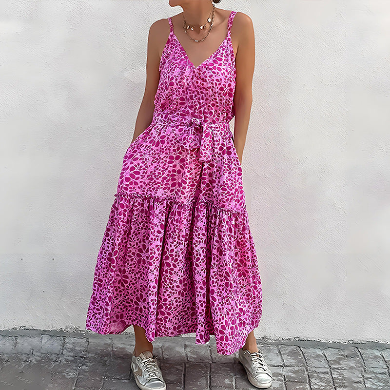 Women’s V-Neck Dress – Sleeveless Relaxed Fit – Tiered Midi Skirt – Waist Tie – Printed