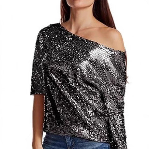 Women’s Sequin Top – Off Shoulder – Mid Sleeve – Relaxed Fit – Party Wear