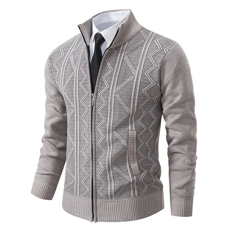 Men’s Cardigan Jacket – Wool Knit – Tailored Fit – Stand Collar – Zip Closure – Geometric Pattern