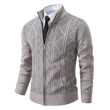 Men’s Cardigan Jacket – Wool Knit – Tailored Fit – Stand Collar – Zip Closure – Geometric Pattern