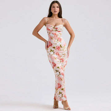 Women’s Long Dress – Slim Fit Satin – Spaghetti Straps – Floral Print – Formal Wear