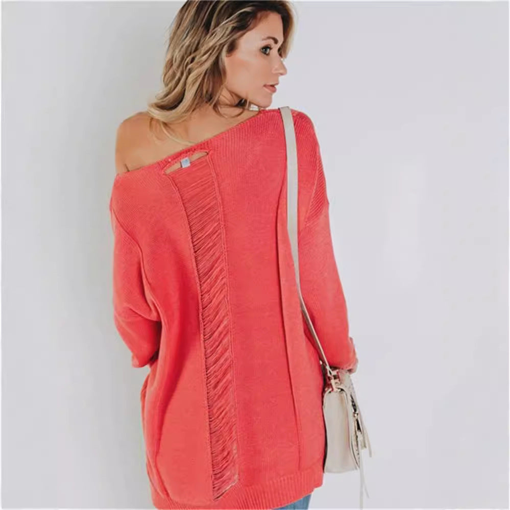 Women’s Knit Sweater – Oversized Fit – V-Neck – Textured Wool – Front Pocket