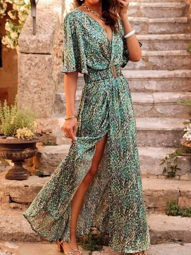 Women's Maxi Wrap Dress - Deep V-Neck - Flutter Sleeves - Belted Waist - High Slit