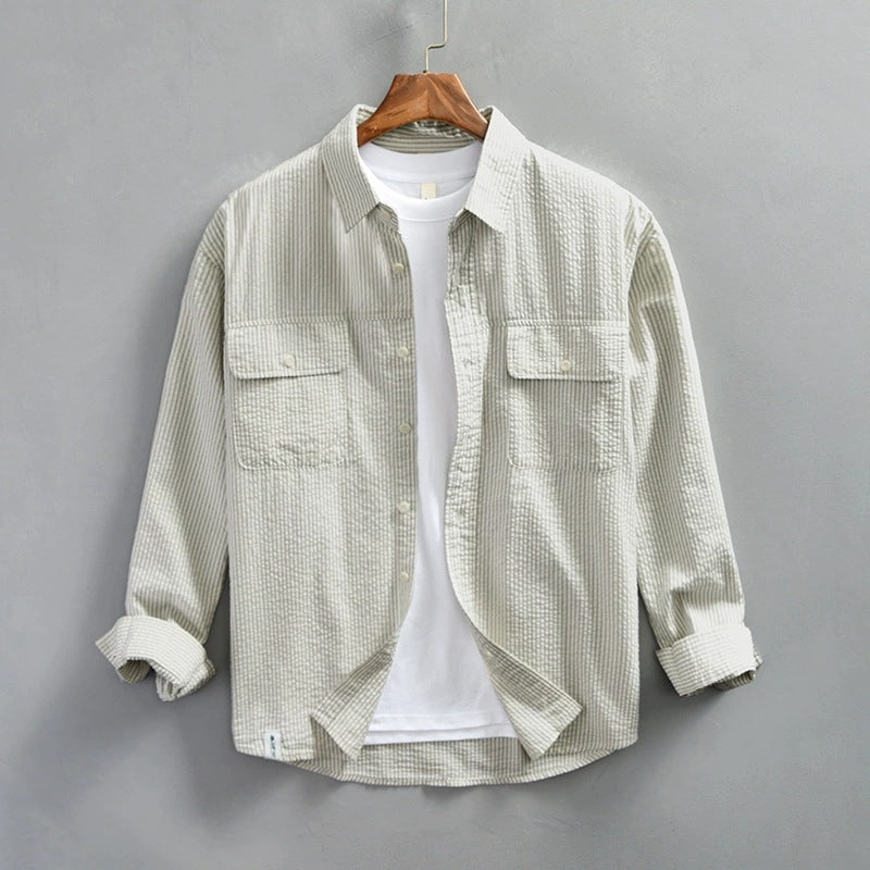 Men’s Button-Up Shirt – Relaxed Fit – Lightweight Cotton – Striped – Long Sleeve Casual