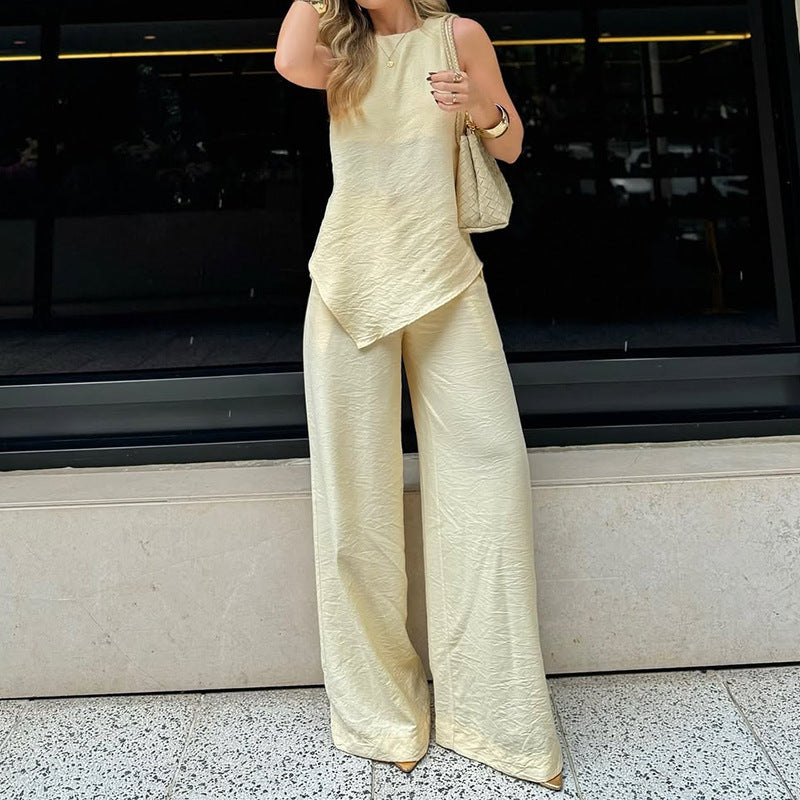 Women’s Two-Piece Set – Sleeveless Asymmetrical Top – Wide-Leg Crinkled Pants