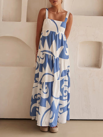 Amelia - bohemian geometric print back smocked loose maxi dress