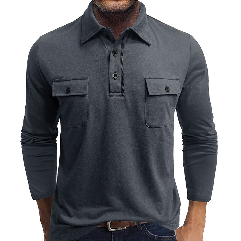 Men’s Long Sleeve Polo Shirt – Cotton Blend – Regular Fit – Button Chest Pockets