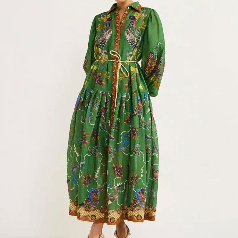 Women's Maxi Dress - Button-Up Collared - Long Sleeve Bohemian Style - Belted Waist