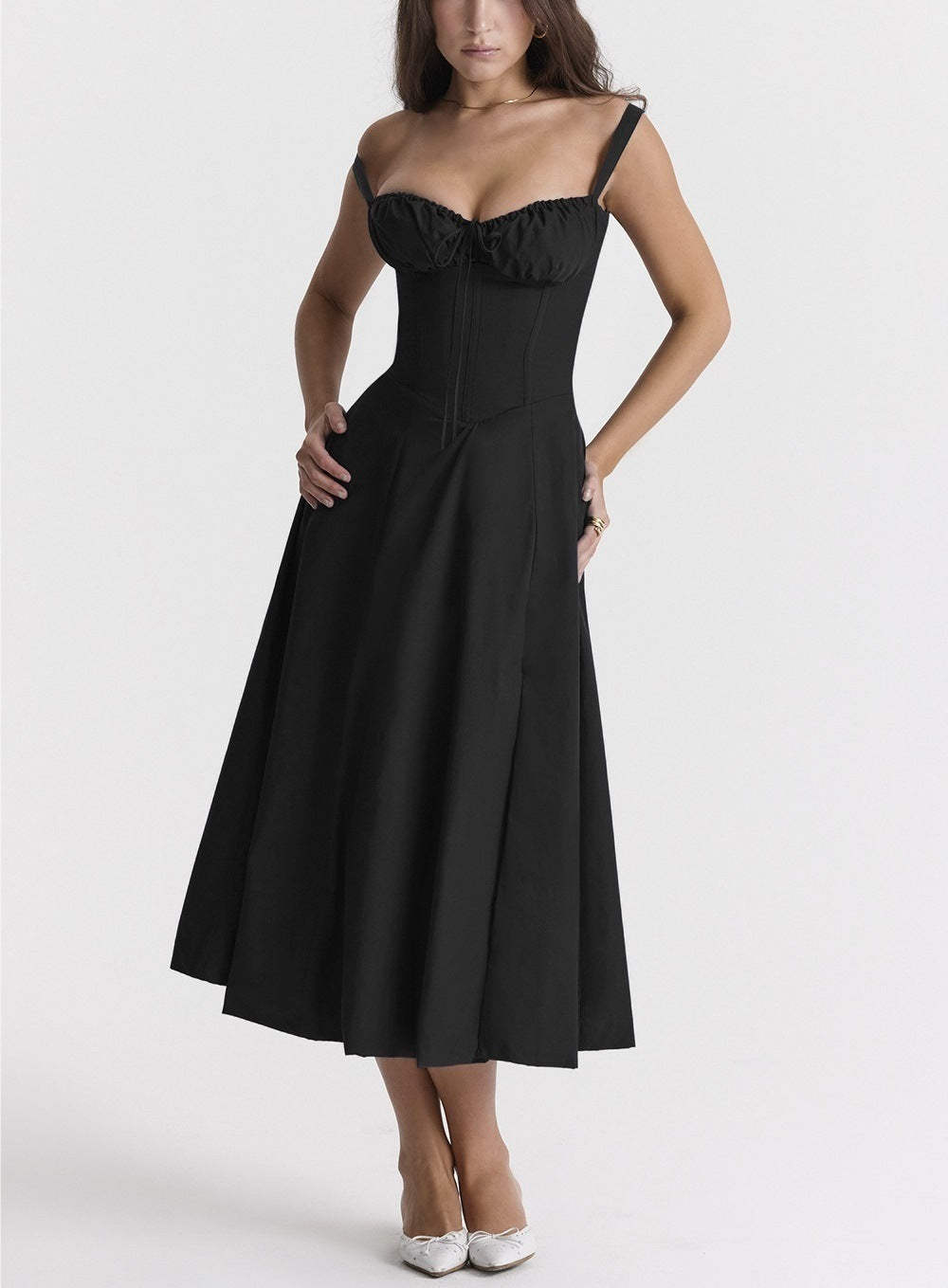 Women's Midi Dress - Corset-Inspired Bodice - Sweetheart Neckline - High Slit A-Line