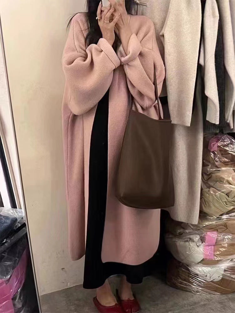 Women’s Cardigan Coat – Oversized Fit – Wool Knit – Draped Open Front – Full Length