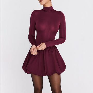 Women’s A-Line Mini Dress – Slim Fit – High Neck – Long Sleeve – Gathered Skirt
