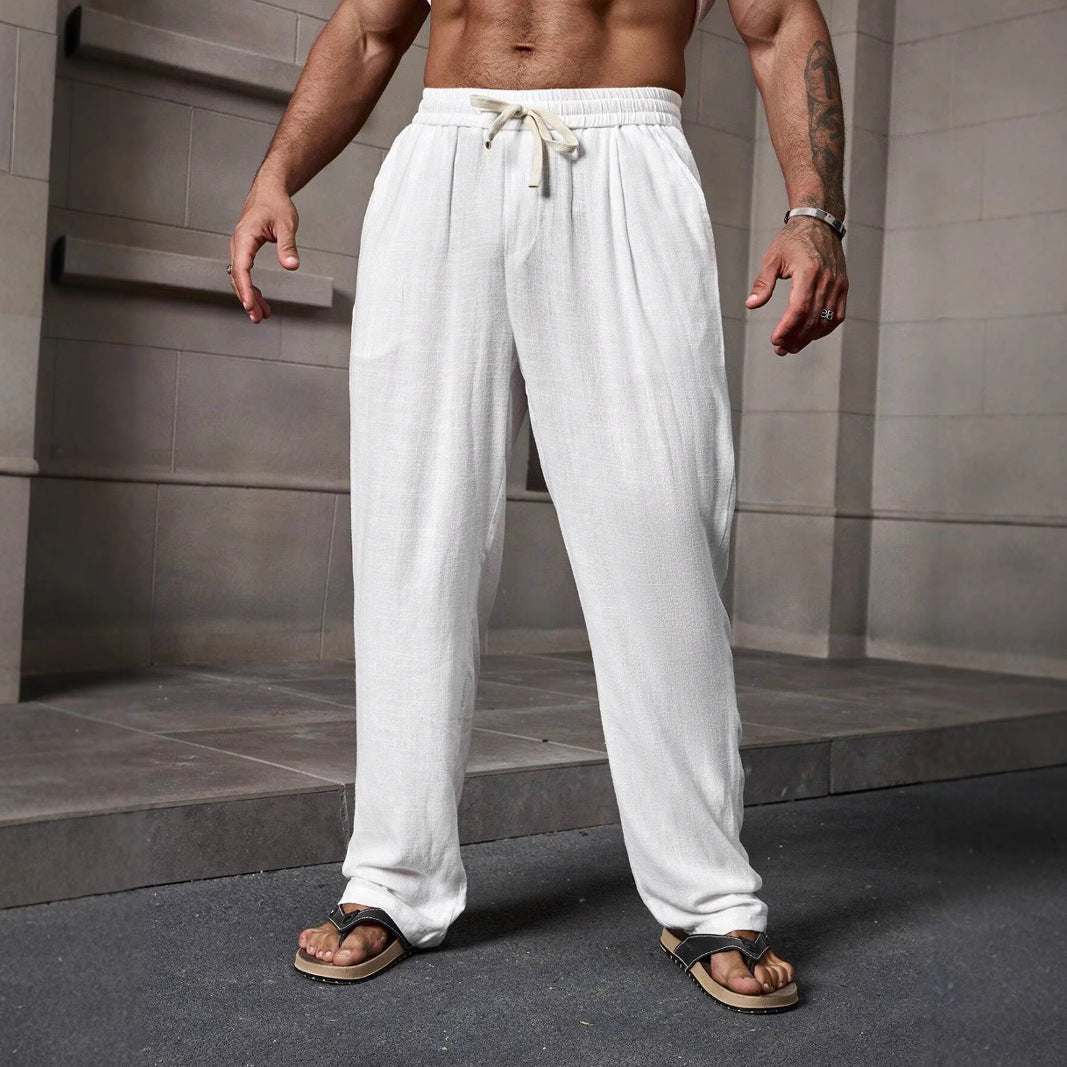 Men’s Casual Pants – Cotton Linen Blend – Loose Fit – Full Length – Drawstring Waist