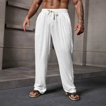 Men’s Casual Pants – Cotton Linen Blend – Loose Fit – Full Length – Drawstring Waist