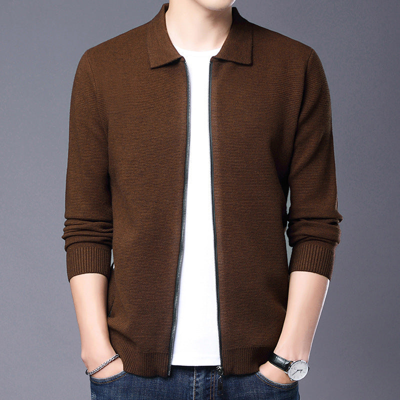 Men’s Cardigan – Slim Fit – Wool Fabric – Zip Front – Classic Collar – Ribbed Trim
