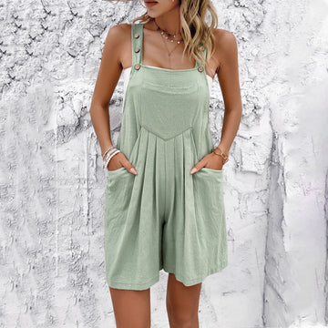 Women’s Romper – Cotton Blend – Relaxed Fit – Suspender Straps – Front Pockets
