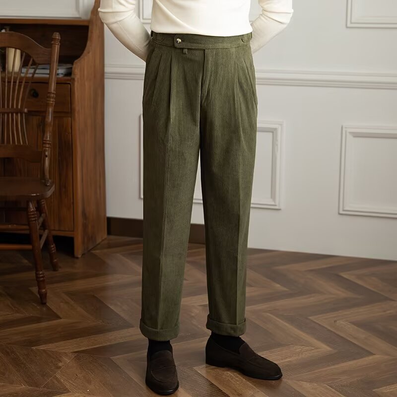 Men’s Corduroy Trousers – High Waist – Straight Fit – Pleated Front – Full Length