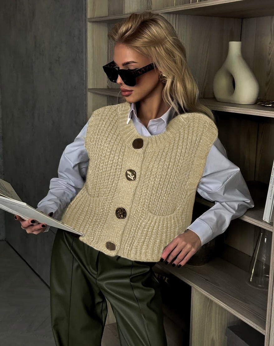Women’s Knitted Vest – Wool Blend – Oversized Fit – Ribbed – Button Front – Pockets