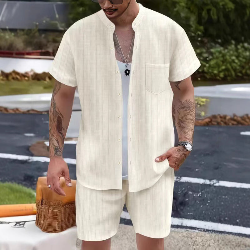 Men’s Casual Set – Henley Shirt and Shorts – Relaxed Fit – Cotton Linen Blend