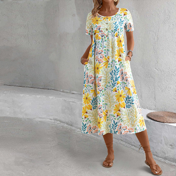 Women's A-Line Midi Dress - Short Sleeve - Floral Print - Round Neck - Casual Fit