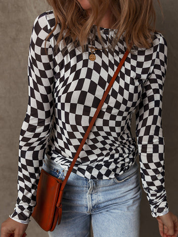 Women’s Long Sleeve Top – Slim Fit – Stretch Knit – Plaid Print – Round Neck Casual