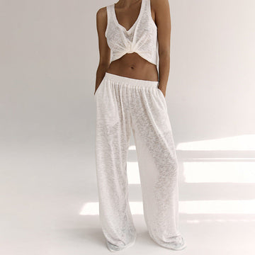 Women’s Loungewear Set – Sleeveless Twist-Front Top – Wide-Leg Pants – Soft Knit Fabric