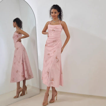 Women’s Midi Dress – Satin Feel – A-Line Fit – Strappy Draped Bodice – Floral Detail