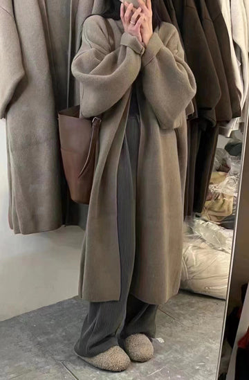 Women’s Cardigan Coat – Oversized Fit – Wool Knit – Draped Open Front – Full Length