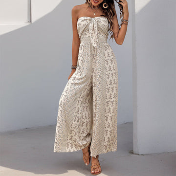 Women’s Jumpsuit – Strapless Tie Bust – Wide Leg – Flowy Fit – Boho Ethnic Pattern