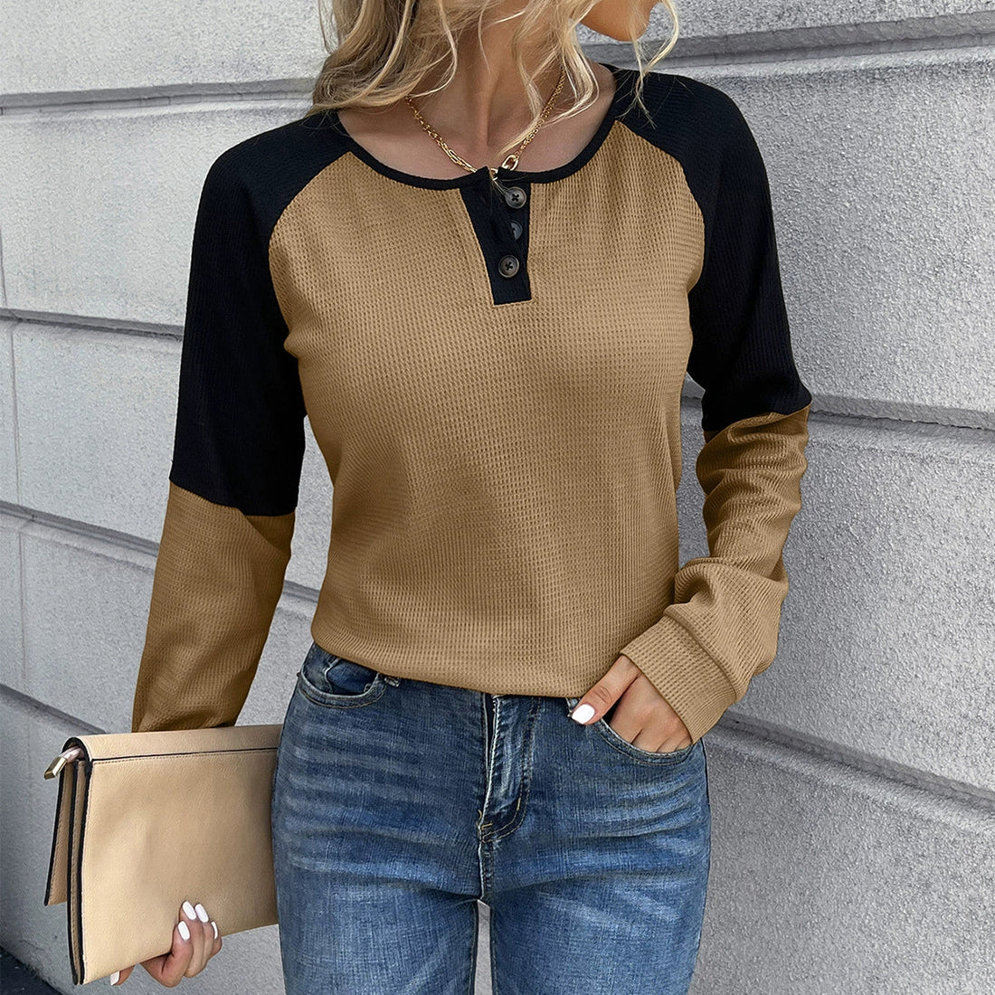 Women’s Long Sleeve T-Shirt – Waffle Knit – Relaxed Fit – Button Neck – Raglan Sleeve