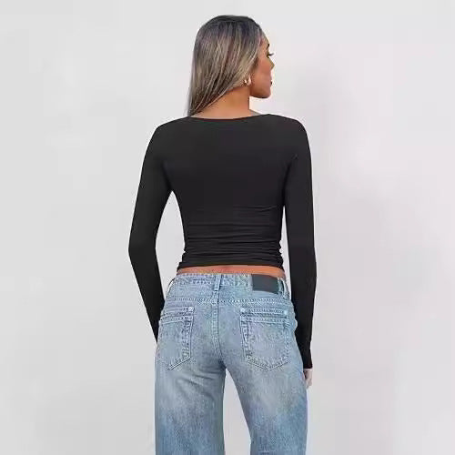 Women’s V-Neck T-Shirt – Slim Fit – Long Sleeve – Cropped Twist Front