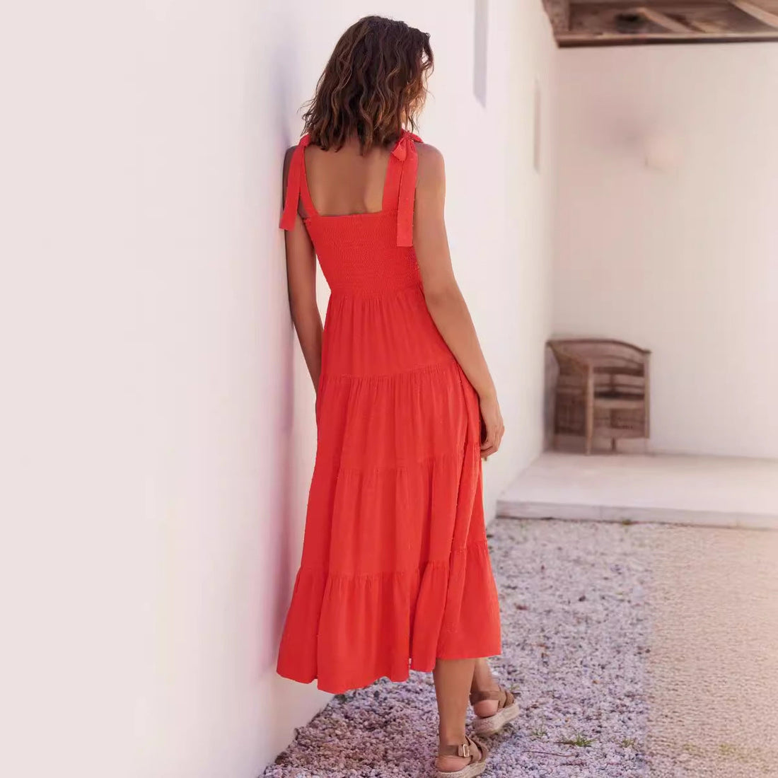 Women’s Midi Dress – Smocked Bodice – Adjustable Tie Straps – Tiered Flared Skirt